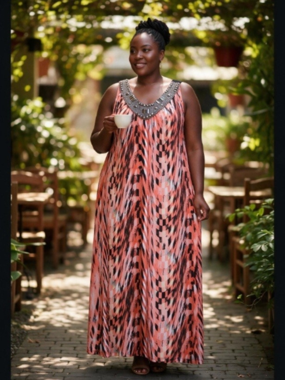 Sleeveless Coral Patterned Maxi Dress with Embellished Neckline FREE earrings